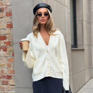 Loose Knitted Cardigan Sweater Autumn Winter V neck Knitted Cardigan Idle Loose Sweater Women