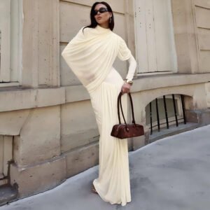 Autumn Winter Women Clothing Elegant Slim Solid Color round Neck Waist Trimming Pleated Long Sleeve Dress for Women